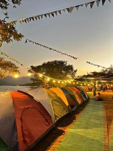 a group of tents parked next to a river at Bhandardara Campthrill Adventure in Bhandardara