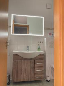 a bathroom with a sink and a mirror at Fewo - Am Mühlenteich in Wismar