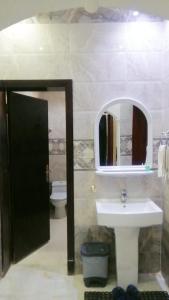 ein Badezimmer mit einem Waschbecken, einem Spiegel und einem WC in der Unterkunft شقق روز شروره للشقق المخدومة in Sharorah