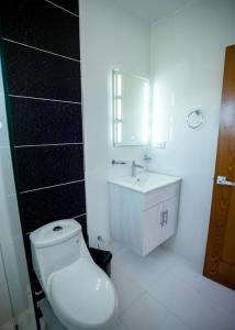 a bathroom with a white toilet and a sink at Tu penthouse en torre real Vl monumental in Santiago de los Caballeros