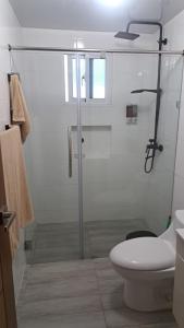a bathroom with a shower with a toilet and a sink at Tu penthouse en torre real Vl monumental in Santiago de los Caballeros