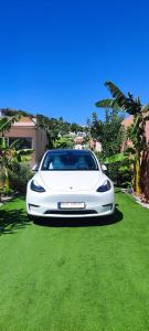 a white car parked on the grass in a yard at Modular Bungalows With Heated Pool Artemis Greece in Artemida