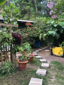 un jardín con macetas y un camino en La casa de arturito en Santa Lucía
