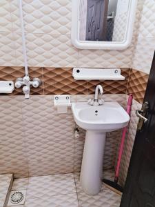 a bathroom with a sink and a mirror at Lord Family Hotel in Lahore