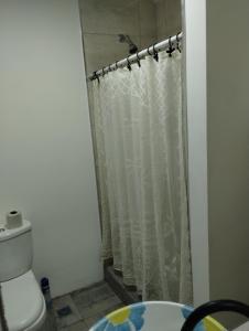 een badkamer met een douchegordijn en een toilet bij Inhala y exhala in Mar del Plata