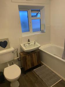 a bathroom with a toilet and a sink and a tub at Cheltenham ,Gloucestershire,United Kingdom 