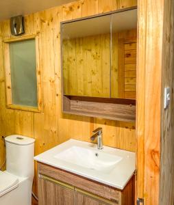 a bathroom with a sink and a toilet at LUXEGLAMP ECOSTAYS in Kūkkāl
