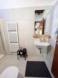 a bathroom with a sink and a toilet and a mirror at Piccinardi house - appartamento 4 posti letto in Crema