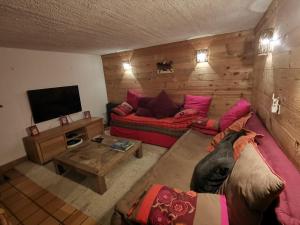 a living room with a couch and a tv at Joyeux Flocon - Spacieux chalet in Les Contamines-Montjoie