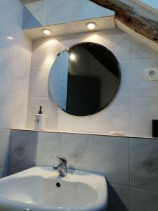 uma casa de banho com um lavatório e um espelho na parede em Charming house - Beauval - Loire Valley em Saint-Cyran-du-Jambot
