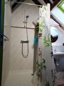 a bathroom with a shower curtain with a sink at Charming house - Beauval - Loire Valley in Saint-Cyran-du-Jambot