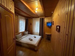 een slaapkamer met een bed en een televisie. bij Любе in Yablunytsia