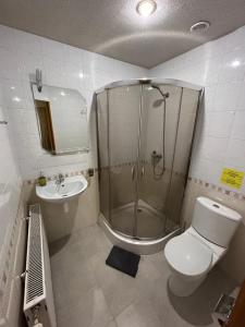 een badkamer met een douche, een toilet en een wastafel bij Любе in Yablunytsia +68 foto's