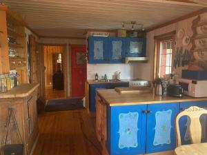 cocina con armarios azules y encimera en Kimsbu - cozy mountain cabin in hiking area, en Nes i Ådal