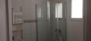 a shower with a glass door in a bathroom at chambre dans maison colocation 20 min de Paris in Antony