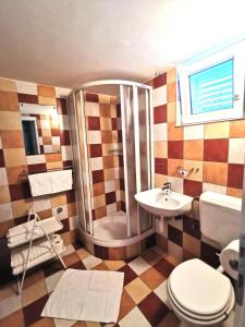 a bathroom with a shower and a toilet and a sink at Villa Annidia Komiza in Komiža +88 photos