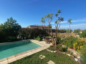 una piscina en un patio con una palmera en Jolie maisonnette avec piscine en Tourrettes-sur-Loup