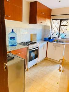 uma cozinha com um lavatório e um fogão forno superior em Pristine Luxury 2 bedroom Apartment-South C em Nairobi