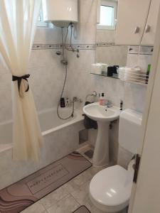 een badkamer met een wastafel, een toilet en een douche bij DORA Apartman in Palić