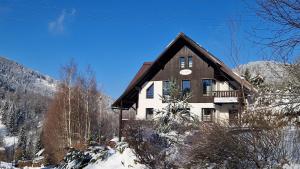 una casa al lado de una montaña cubierta de nieve en Apartmány EDDY en Rokytnice nad Jizerou