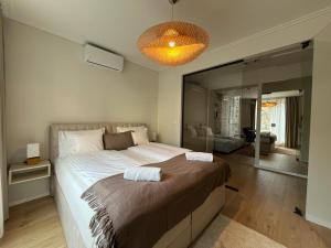ein Schlafzimmer mit einem großen Bett und einem großen Spiegel in der Unterkunft Cityluxandloft Bestern 2 in Szeged