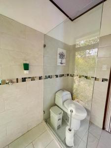een badkamer met een toilet en een glazen douche bij CABAÑAS DEL LAGO / BUNGALOWS in San Ramón