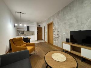 a living room with a tv and a couch and a table at Tenea Apartment & SPA in Zlatibor