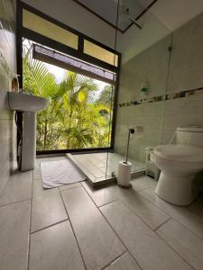 een badkamer met een toilet, een wastafel en een raam bij CABAÑAS DEL LAGO / BUNGALOWS in San Ramón