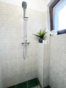 a shower with a shower head in a bathroom at Chata pri jazere Nitrianske Rudno in Nitrianske Rudno