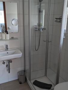 y baño con ducha y lavamanos. en Hotel am Wasserschloss Glücksburg, en Glücksburg