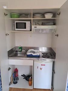een kleine keuken met een wastafel en een magnetron bij The good life 1 in Senlis