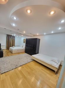 Cette grande chambre comprend 2 lits et un tapis. dans l'établissement Open Space Apartment National Arena Monza, à Colonişti