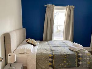 a blue bedroom with a bed and a window at Large Townhouse, Lower Floor with AC, City Center in Halifax