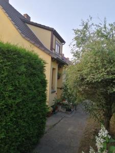 uma casa com uma sebe à sua frente em Unterkunft Mohr em Schmerwitz