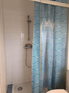 eine Dusche mit einem blauen und weißen Duschvorhang in der Unterkunft Les-Hauts-de-Montrichard-Nid douillet ! in Montrichard