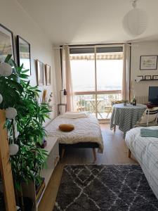ein Schlafzimmer mit einem Bett und einem großen Fenster in der Unterkunft Les-Hauts-de-Montrichard-Nid douillet ! in Montrichard