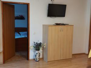 a room with a cabinet and a television on a wall at Apartmaji Vesna in Bohinj