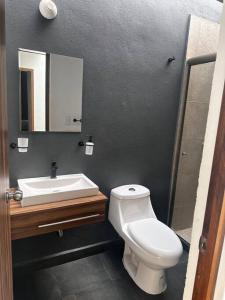 a bathroom with a white toilet and a sink at Casa entera Morelia, hospitales, corporativos 1 in Atapaneo