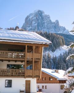 um grande edifício de madeira com uma montanha ao fundo em Apartments Villa Sofia em Santa Cristina in Val Gardena