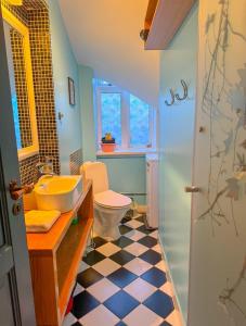 een badkamer met een wastafel en een toilet. bij Enjoy Reykjavík Yellow Door Apartment in Reykjavík
