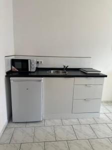 a kitchen counter with a sink and a microwave at City-Wohnung 2 in Brühl
