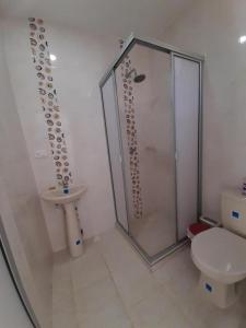 uma casa de banho com um chuveiro, um WC e um lavatório. em Hotel URUMITA MAGICA em Valledupar