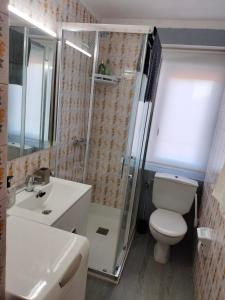 W łazience znajduje się prysznic, toaleta i umywalka. w obiekcie Casa Tito w mieście Santo Domingo de la Calzada
