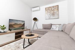 uma sala de estar com um sofá e uma televisão em Golden day em Vinkovci