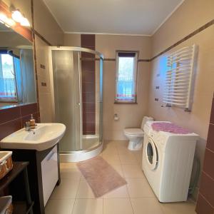 La salle de bains est pourvue d'un lavabo et d'un lave-linge. dans l'établissement Apartament Zacisze, à Ustroń