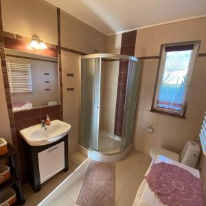 La salle de bains est pourvue d'une douche et d'un lavabo. dans l'établissement Apartament Zacisze, à Ustroń