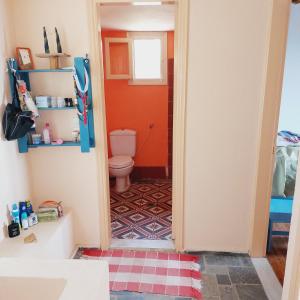 an orange bathroom with a toilet and a sink at Sunrise house Alonnisos in Alonnisos