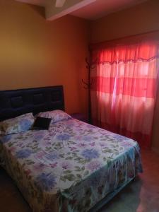 a bedroom with a bed with a floral comforter and a window at Hostal Pablito in Encarnación