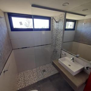 un bagno con lavandino e doccia con finestra di VIÑAS DEL SOL a San Rafael