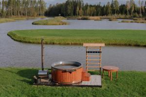 una parrilla y una escalera junto a un cuerpo de agua en Atpūtas vieta Jaunkārkliņi 